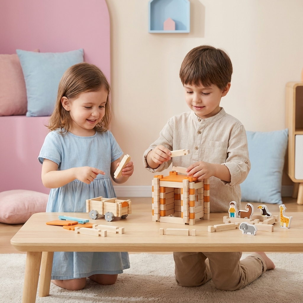 Montessori Holz-Bausteine für Kinder, kreatives Stapelspielzeug. Fördert Motorik, Kreativität & frühkindliche Entwicklung.