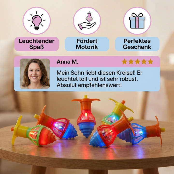 Magischer LED-Kreisel für Kinder; bunte Lichteffekte beim Drehen sorgen für Spielspaß und visuelle Freude.