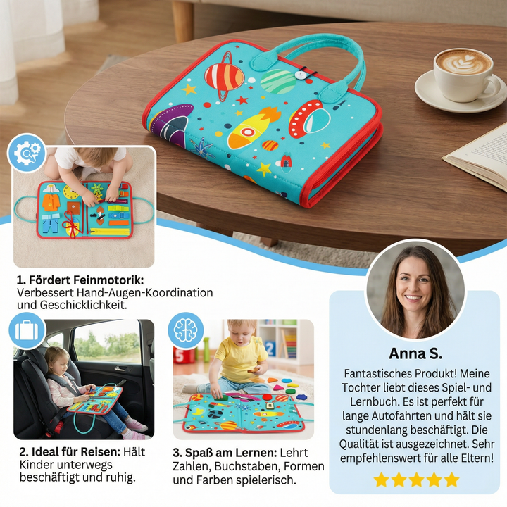Pädagogisches Montessori Reisebegleiter Spielbuch für Kinder, ideal für lange Fahrten und ruhige Beschäftigung.
