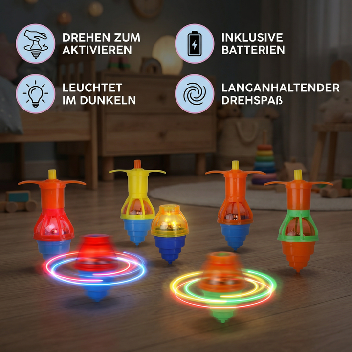 Leuchtender LED-Kreisel, ein buntes Lernspielzeug für Kinder, das spielerisch die Motorik trainiert. Perfektes Geschenk.