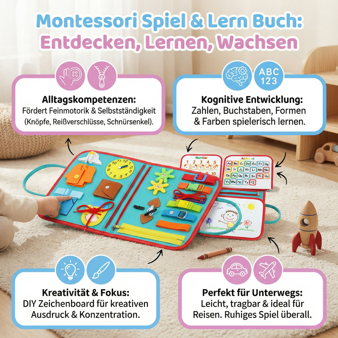 Interaktives Montessori Aktivitätsbuch für Kinder: Fördert Feinmotorik, Konzentration und frühe Entwicklung.