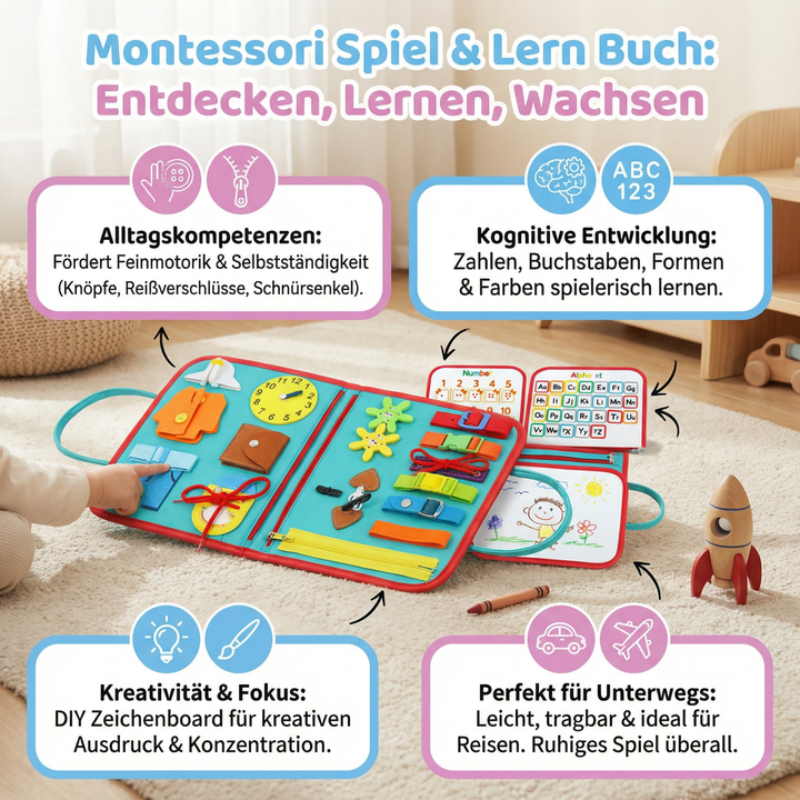 Interaktives Montessori Aktivitätsbuch für Kinder: Fördert Feinmotorik, Konzentration und frühe Entwicklung.