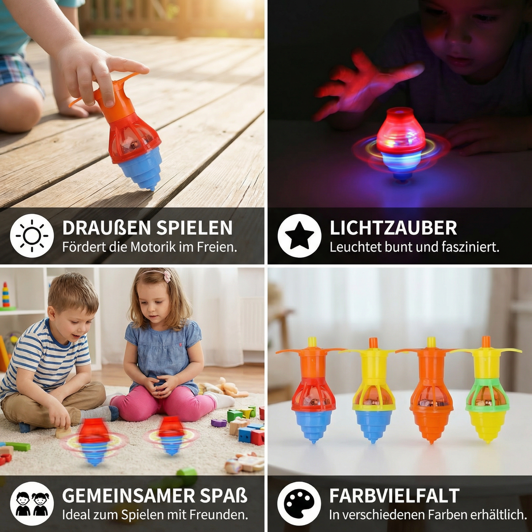 Dynamischer LED-Kreisel, ein farbenfrohes Kleinkindspielzeug mit Lichteffekt, ideal zur Förderung der Kindermotorik.