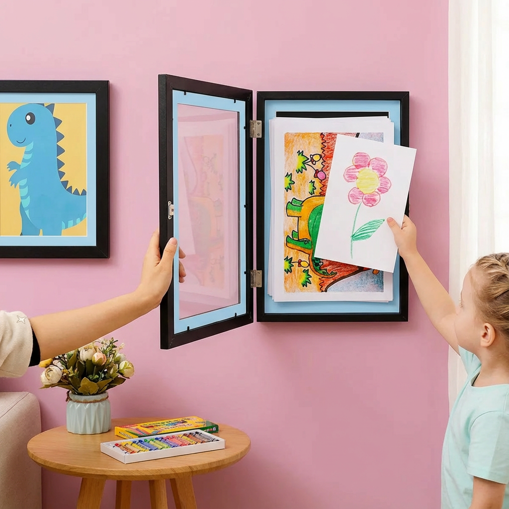 Großer Holzrahmen für Kinderkunstwerke; bietet Stauraum für bis zu 150 Zeichnungen. Perfekte Bilderaufbewahrung.