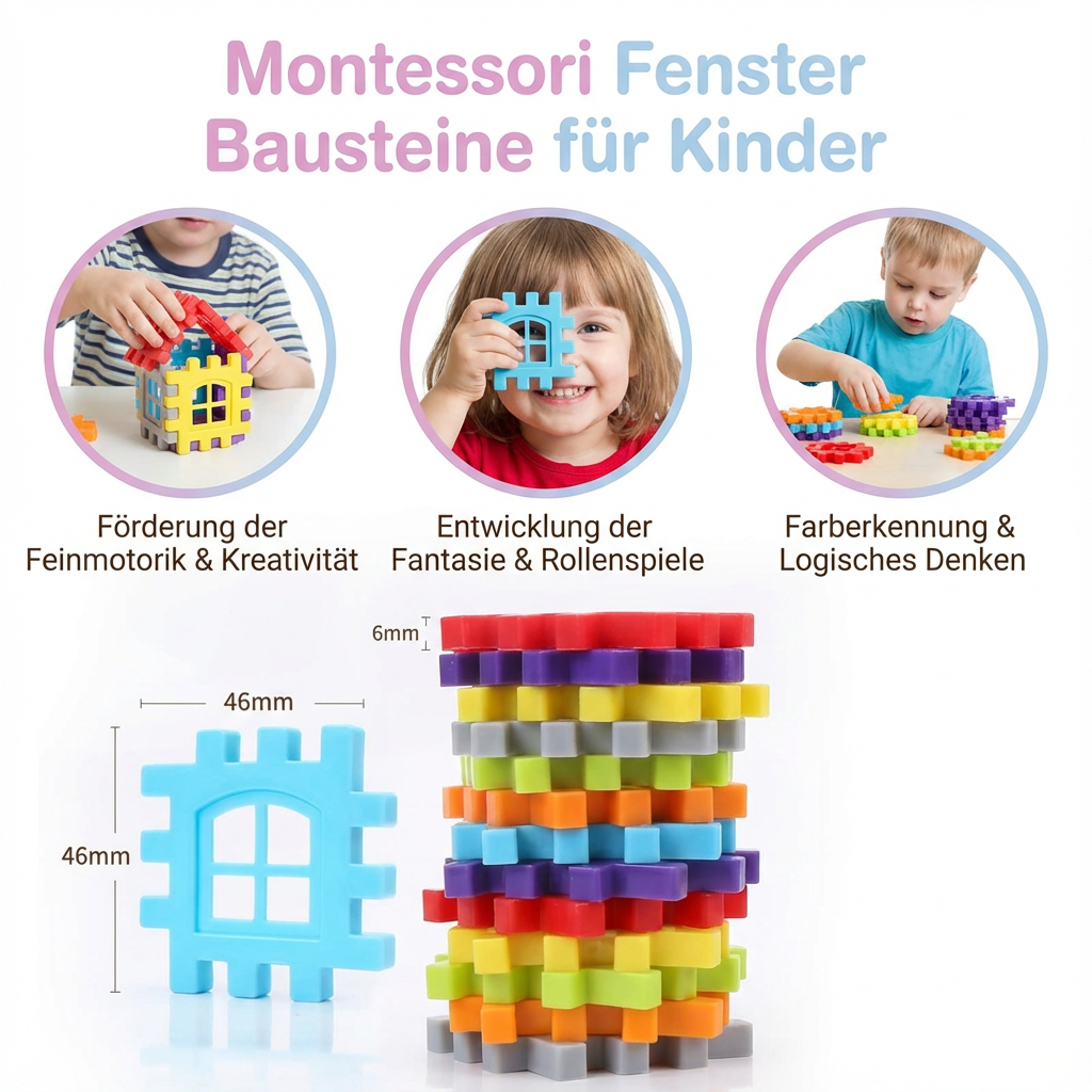 Bunte Montessori Fenster Bausteine für Kinder. Kreatives Bauspielzeug zur Förderung von Feinmotorik & Lernen.
