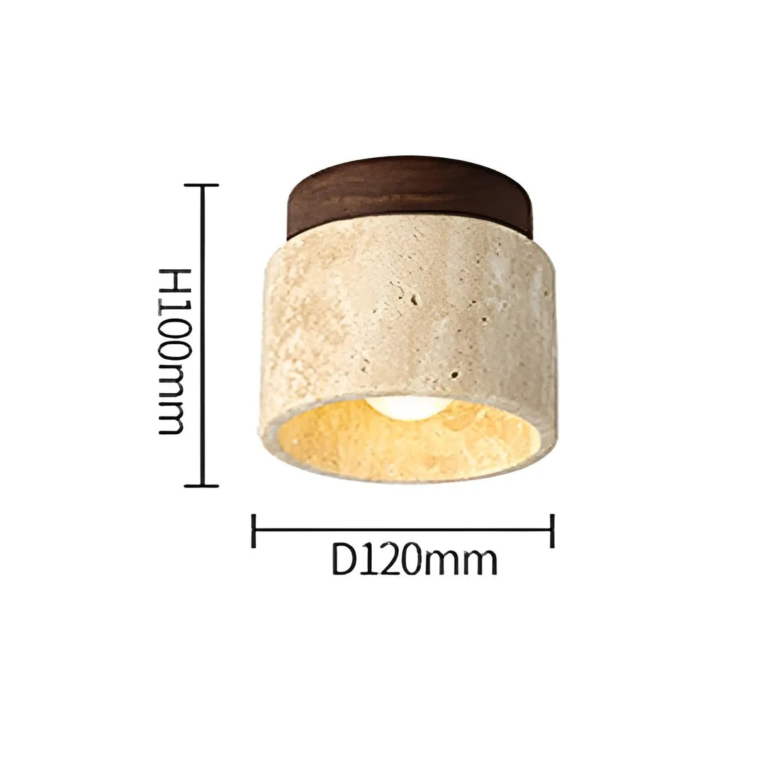 Rustikale Travertin-Deckenleuchte schafft warmes, entspannendes Licht im Wohnzimmer. Holz & Stein Deko-Lampe.