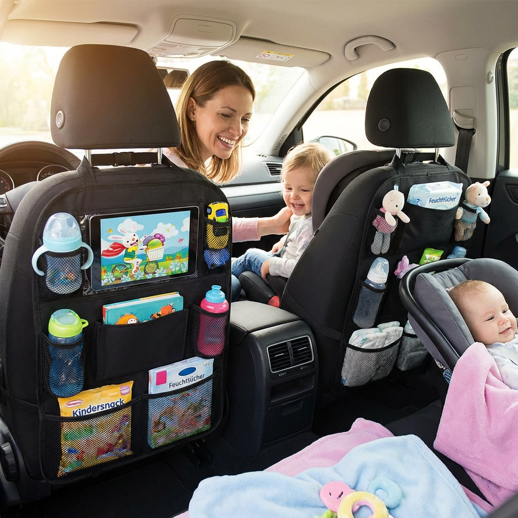 Auto Sitzschutz & Organizer für Kinder. Schützt Rückbank vor Schmutz, bietet Stauraum für Spielzeug & Snacks.