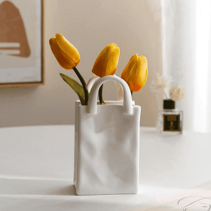 Minimalistische Porzellan Handtaschenvase, elegant und modern. Perfekt für Blumen & Wohnzimmer Dekoration.
