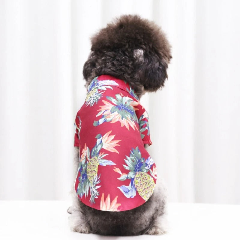 Hunde-Shirt im Hawaii-Stil mit Palmen- & Blumenmuster, ideale Tierkleidung für den warmen Sommer.