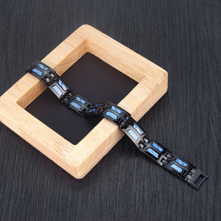 Elegantes Herren Magnetarmband aus Titan, blau/schwarz, für besseren Schlaf & Entspannung.