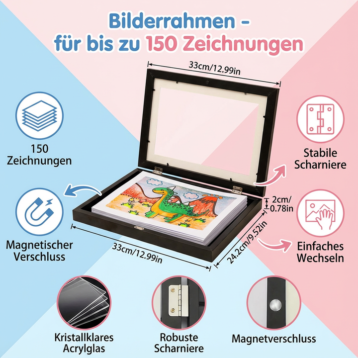 Praktischer Holzrahmen für Kinderzeichnungen; wechselnde Galerie & einfache Bilderaufbewahrung im Kinderzimmer.