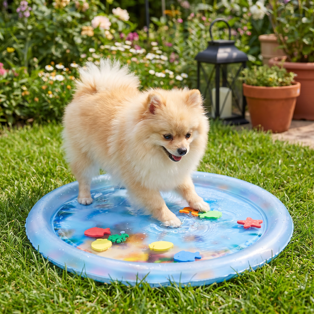 Vogelperspektive auf die bunte Hunde-Kühlmatte, ein sicherer Wasserspielplatz für alle Haustiere outdoor.