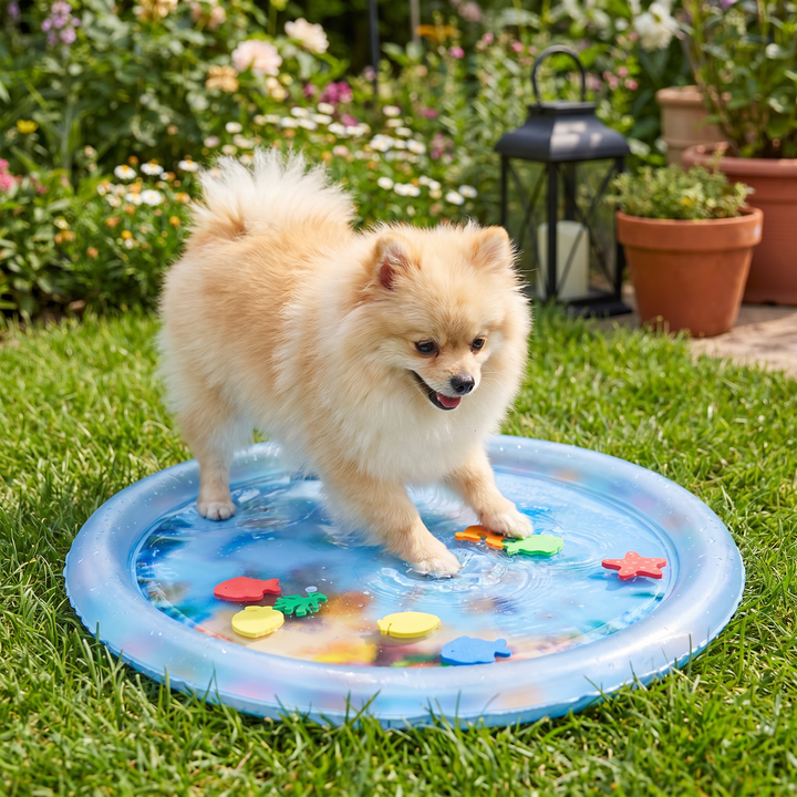 Vogelperspektive auf die bunte Hunde-Kühlmatte, ein sicherer Wasserspielplatz für alle Haustiere outdoor.