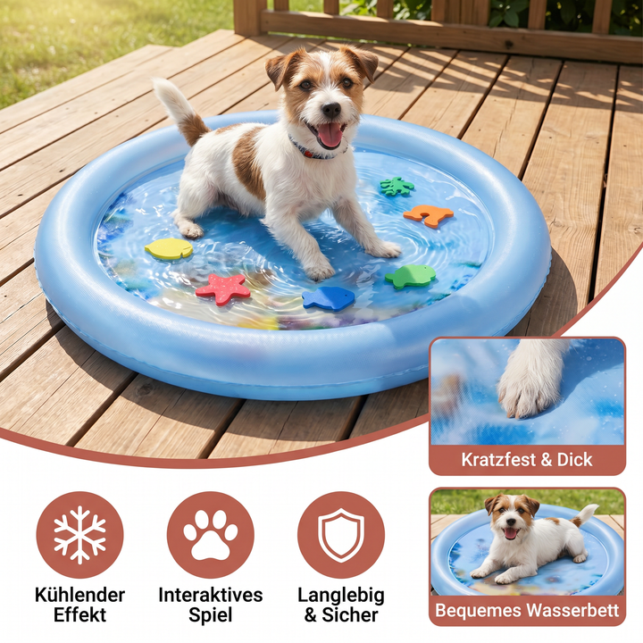Einfache Installation der Hunde-Wasserspielmatte im Garten, sorgt für eine kühle Erfrischung am Sommertag.