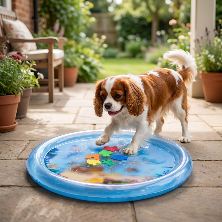 Glücklicher Hund planscht auf runder Kühlmatte mit Wasserfontänen, ideal für Sommer-Abkühlung outdoor.