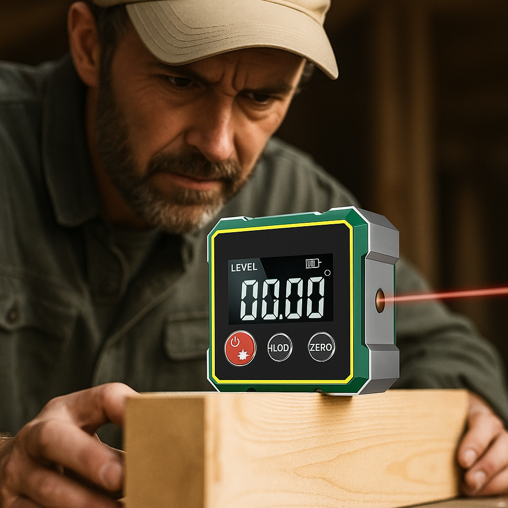 Digitaler 2-in-1 Laser-Neigungsmesser für präzises Winkelmessen und Ausrichten bei Handwerksarbeiten.
