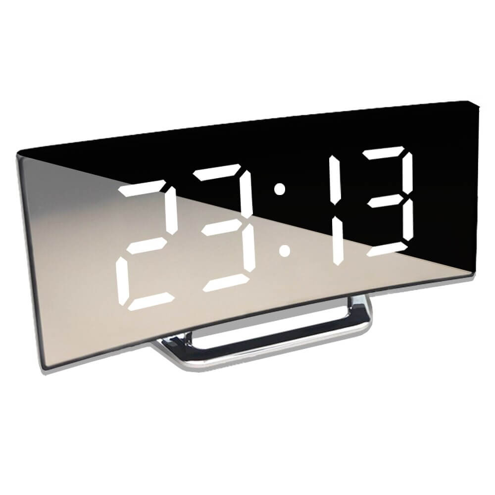 Gebogener LED Digitalwecker LumiCurve für Schlafzimmer, modernes Design.