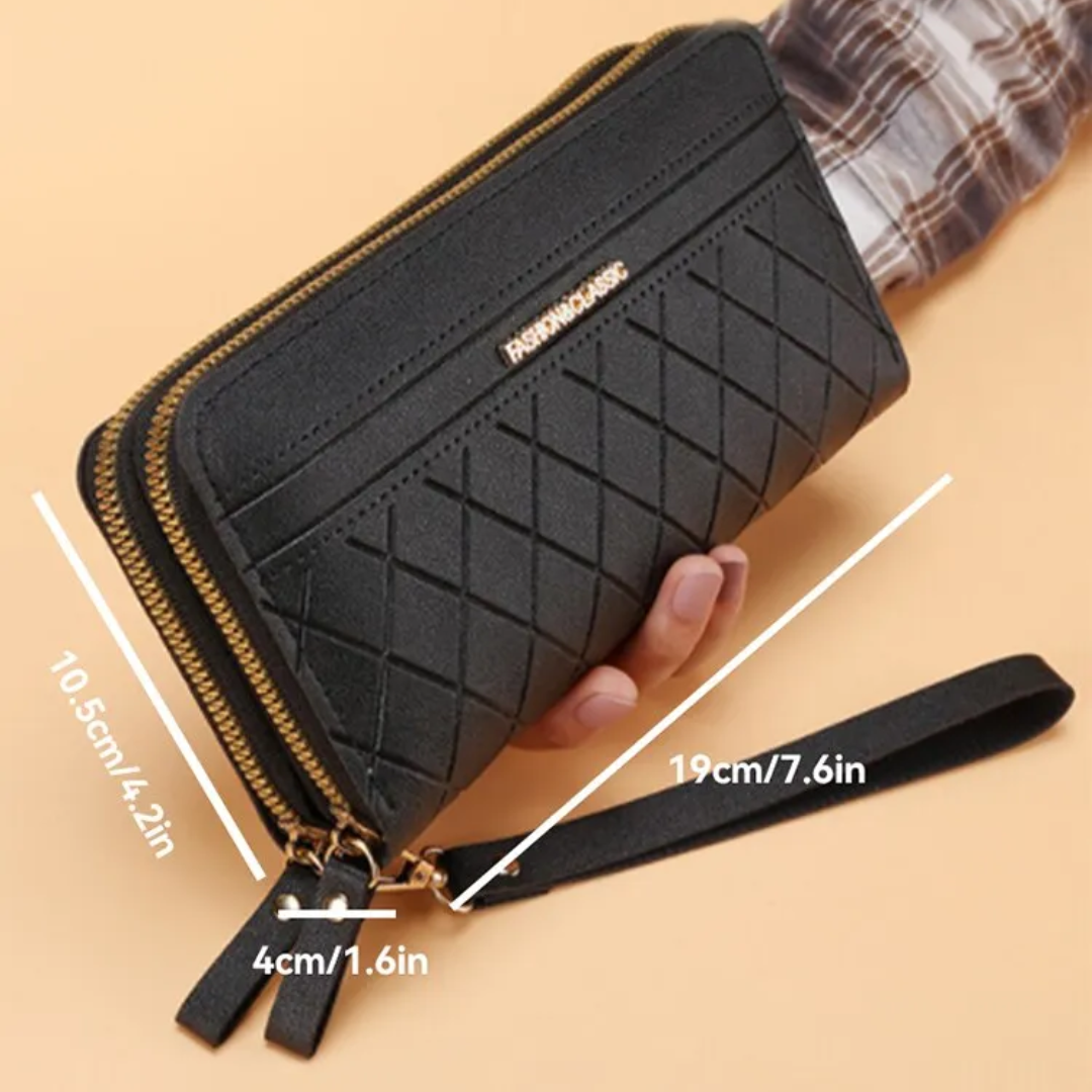 Praktische lange Geldbörse mit gesteppter Optik, ideal als Kartenhalter und Multifunktions-Organizer.