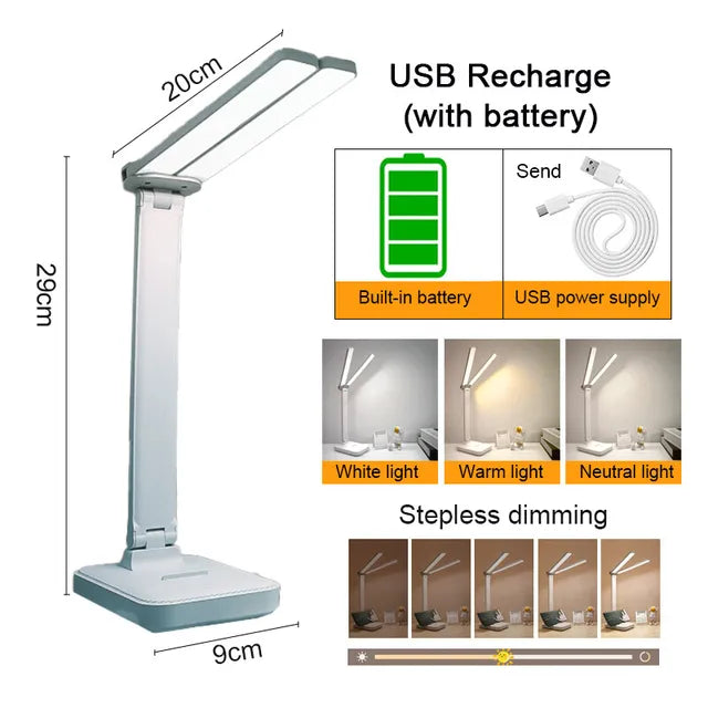 Wiederaufladbare LED Schreibtischlampe mit USB-Anschluss, dimmbar, für entspanntes Arbeiten.
