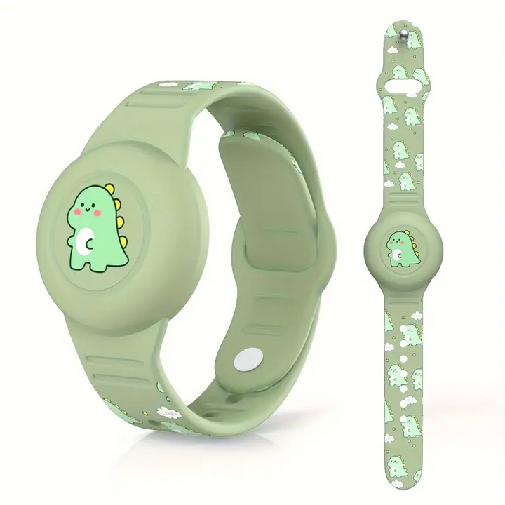 Süßes Dino Airtag-Armband für Kinder aus robustem Silikon, ideal für Outdoor-Abenteuer.