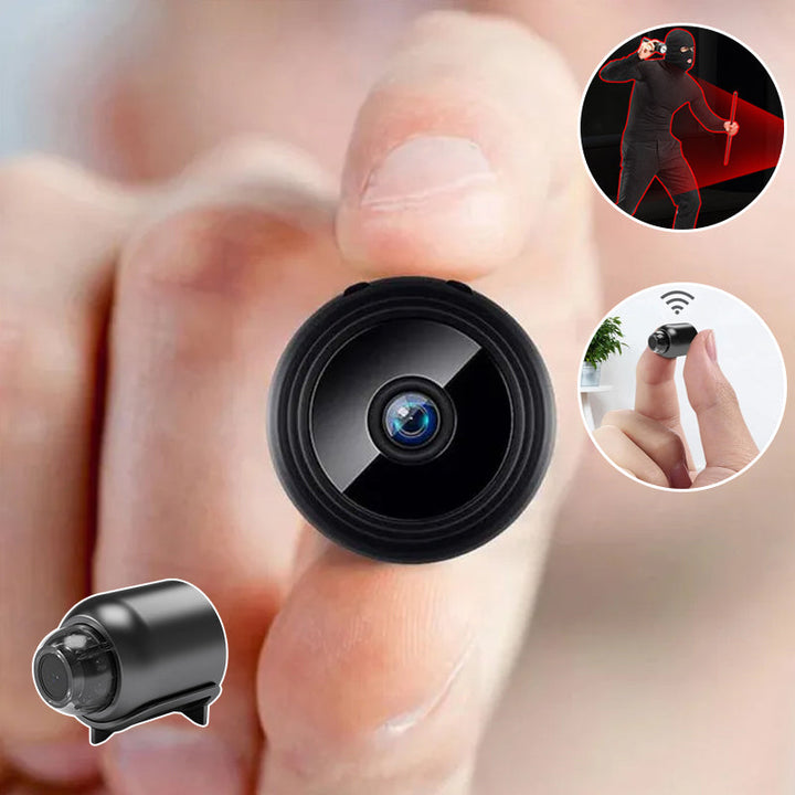 Smart Home WLAN Mini Kamera 1080p mit Nachtsicht und Alarmfunktion für Innenraumüberwachung.