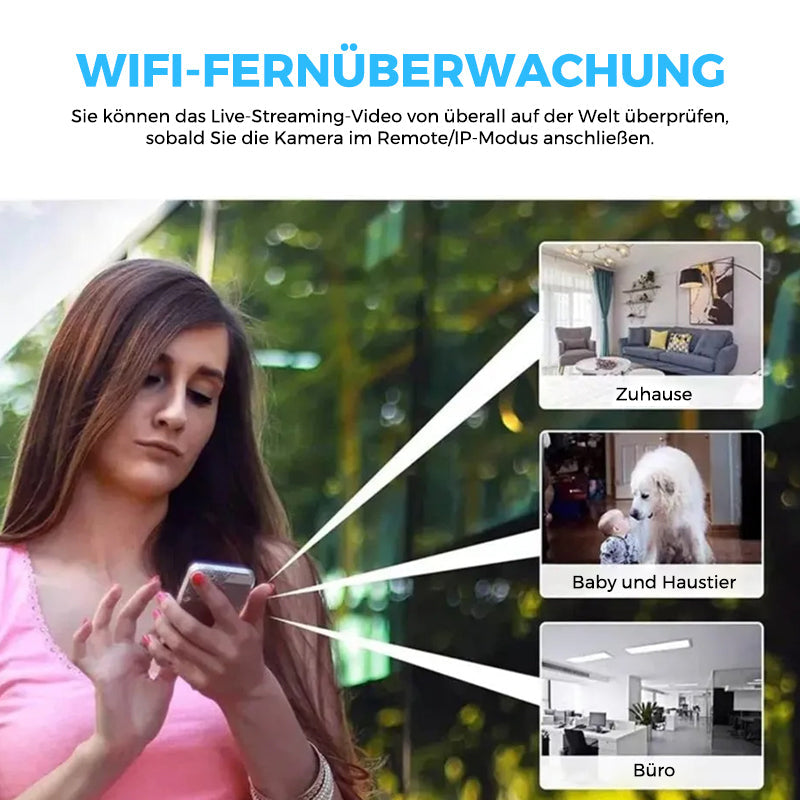 Unauffällige Mini Sicherheitskamera 1080p, WLAN, mit Bewegungserkennung & Nachtsicht für Heimschutz.