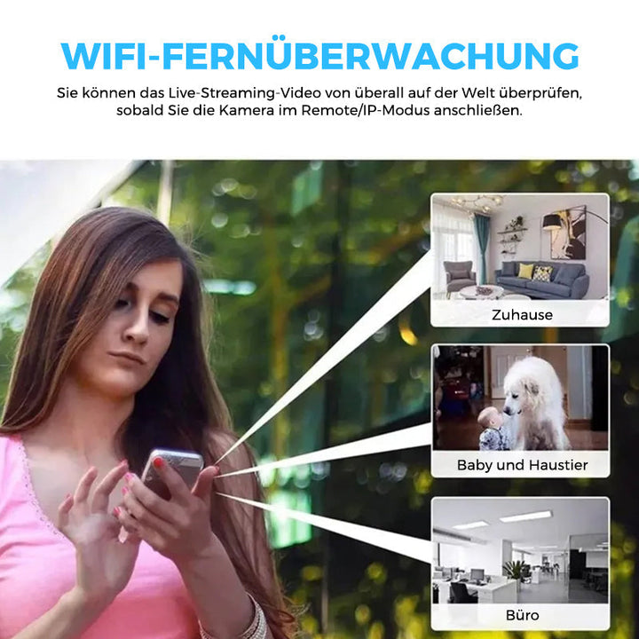 Unauffällige Mini Sicherheitskamera 1080p, WLAN, mit Bewegungserkennung & Nachtsicht für Heimschutz.