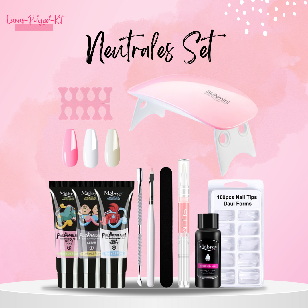 Umfassendes Poly-Gel Nagelset für DIY Nägel zuhause. Komplettes Starter Kit für Gel-Nagelverlängerung.