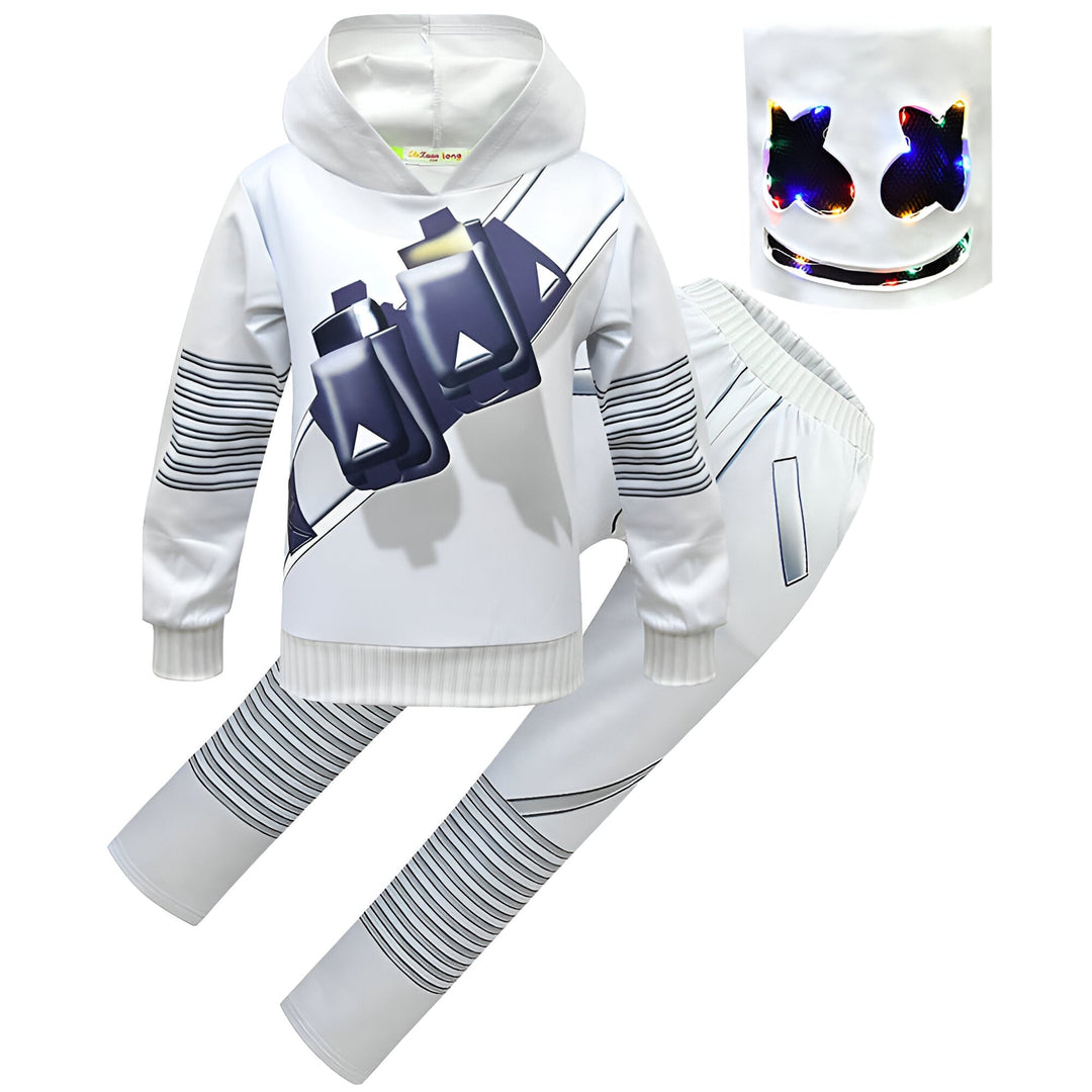 Weibliches Model trägt das Unisex DJ Kostüm Set mit LED-Helm, Hoodie und Hose für Festivals.