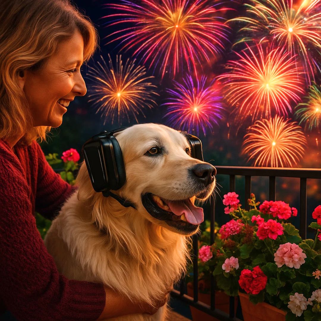 Glücklicher Hund mit Ohrenschützern in ländlicher Umgebung, ideal für Reise, Feuerwerk & Lärmschutz unterwegs.