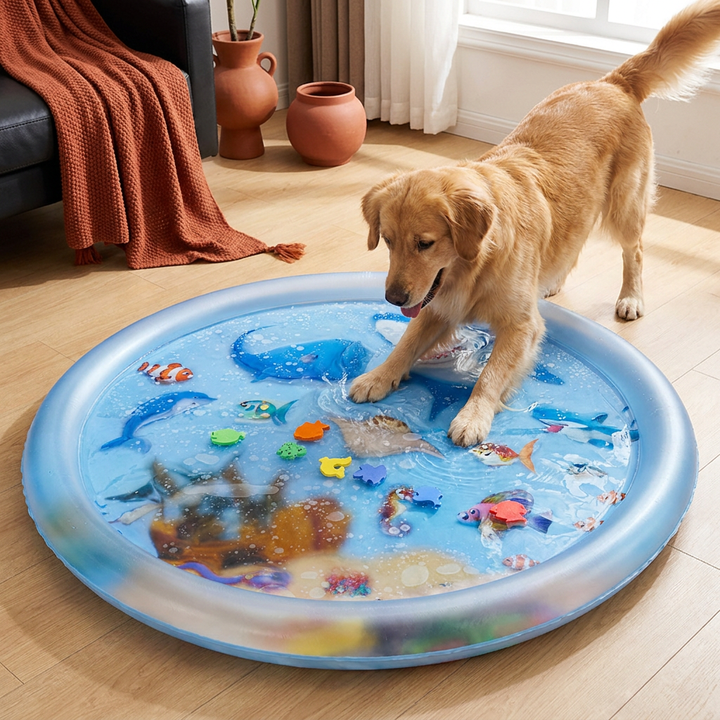 Robuste Hunde Kühlmatte aus strapazierfähigem Material, ideal für Wasserspiele und Abkühlung im Garten.