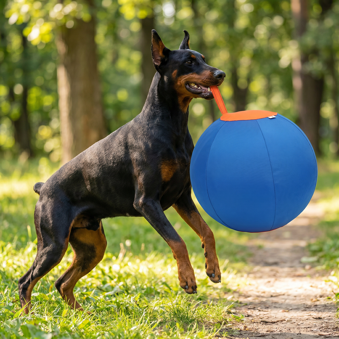 Zwei Hunde spielen gemeinsam mit dem robusten interaktiven Hüteball. Ideales Outdoor Aktivitätsspielzeug.
