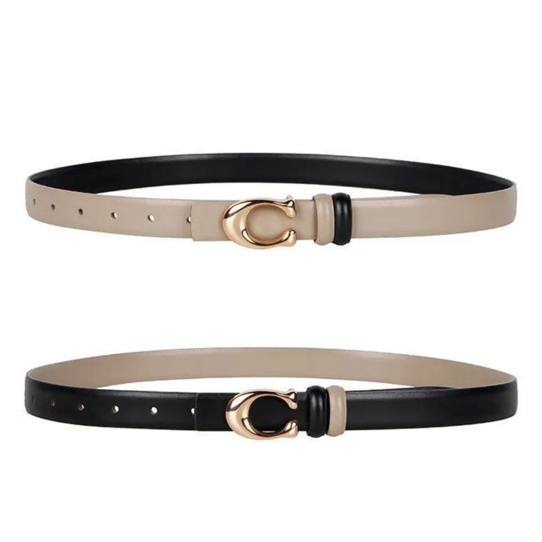 Stilvoller Unisex Gürtel mit C-Schnalle, dünn und doppelseitig. Modisches Accessoire für einen eleganten Auftritt.