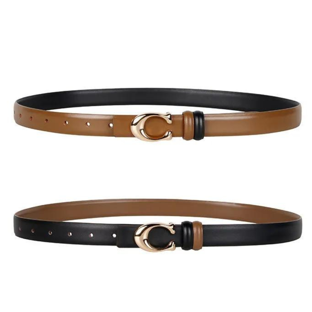 Nahaufnahme der eleganten C-Schnalle eines dünnen, doppelseitigen Unisex Gürtels. Klassisches Mode-Accessoire.
