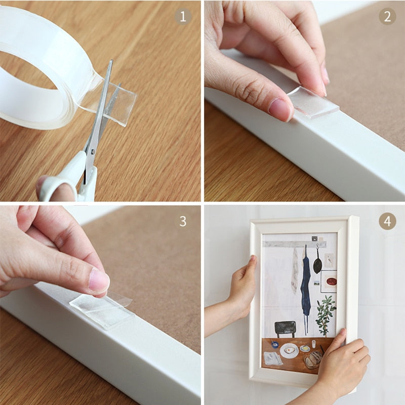 Starkes Nano Klebeband: Selbstklebend, wiederverwendbar, transparent. Ideal zur sicheren Wandbefestigung im Büro & Zuhause.