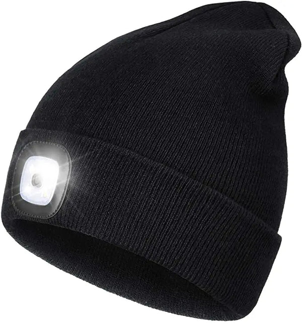 Praktische LED-Beanie-Mütze mit heller Stirnlampe für freihändige Beleuchtung beim Wandern, Joggen & Arbeiten.