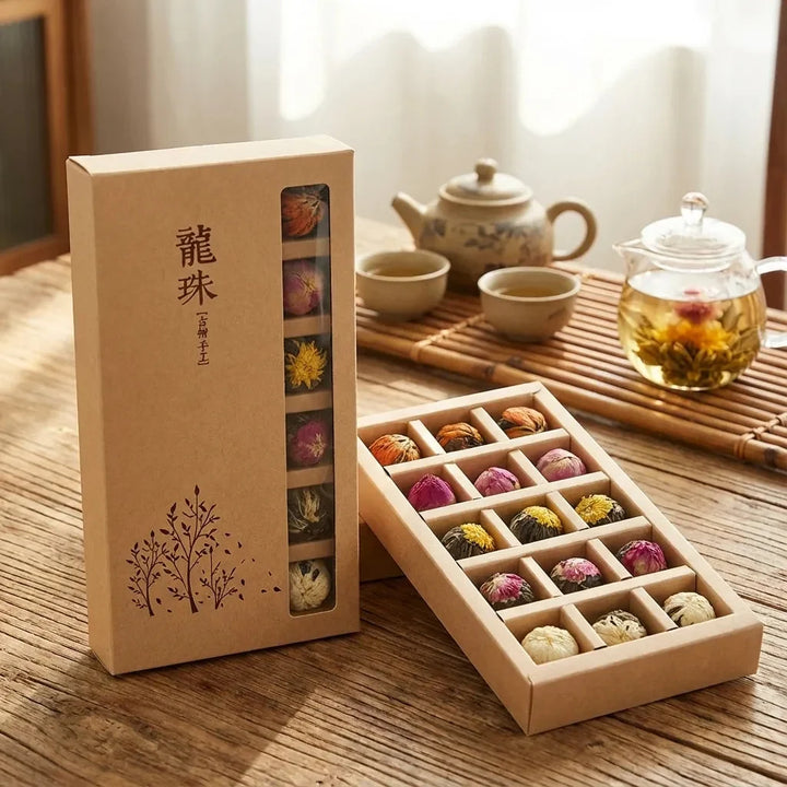 Ästhetische Darstellung der 18 Pu-erh Teekugeln, die sich zu wunderschönen Blüten entfalten.