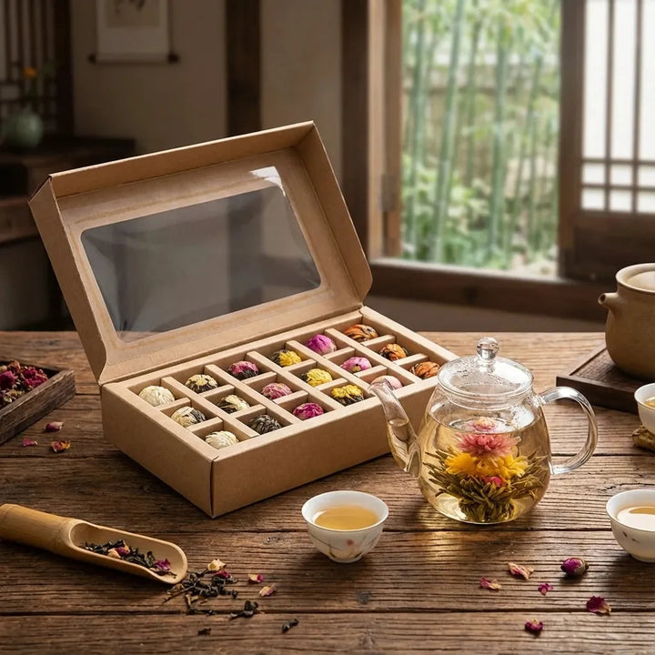 Sammlung von 18 Erblühenden Teekugeln, Pu-erh Drachenball Tee, ideal für ein entspannendes Ritual.