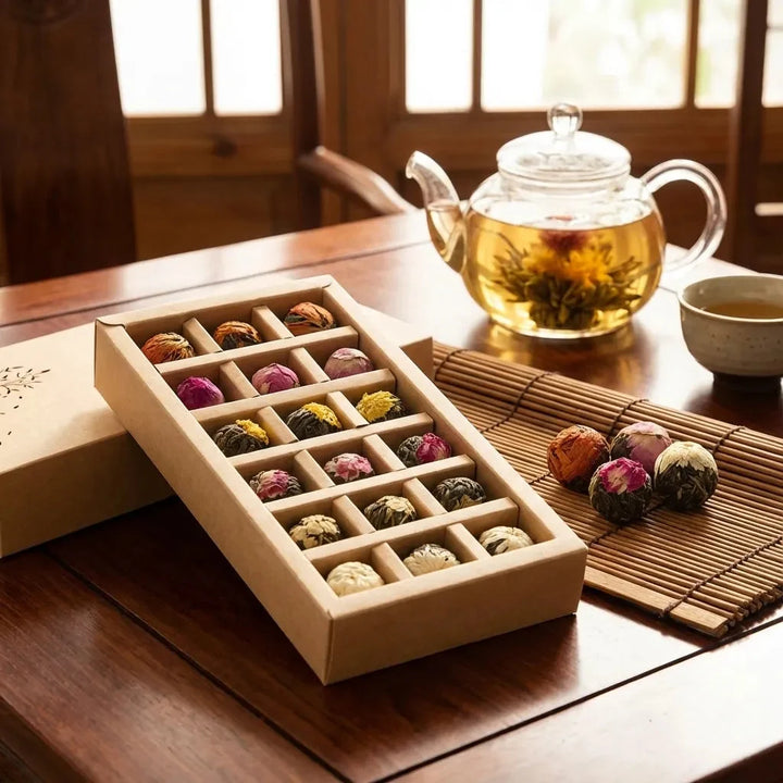 Erleben Sie die Magie: Eine Pu-erh Teekugel erblüht zu einem Blütentee, perfekt für Tee-Liebhaber.