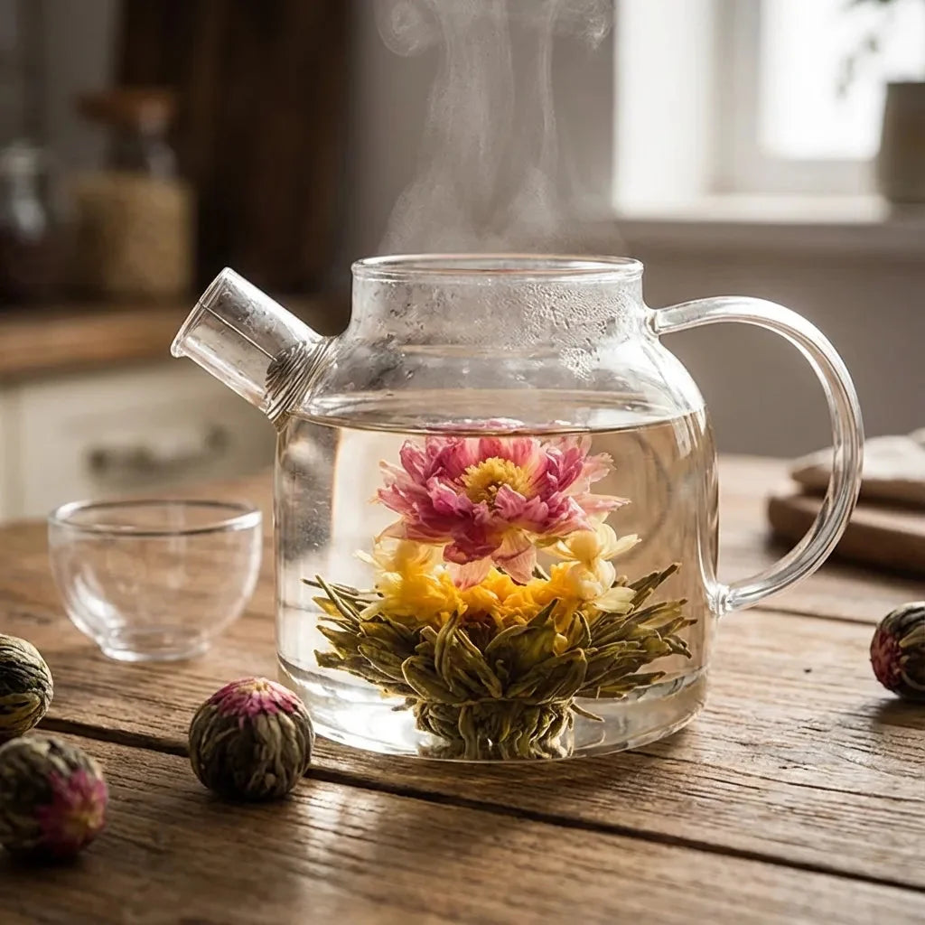 Detailansicht der 18 Pu-erh Erblühenden Teekugeln, verpackt & bereit für das Blütentee-Erlebnis.