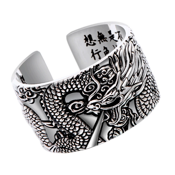Verstellbarer Silberner Drachen-Sutra-Ring, detailliert graviert, als spiritueller Glücksbringer Schmuck.