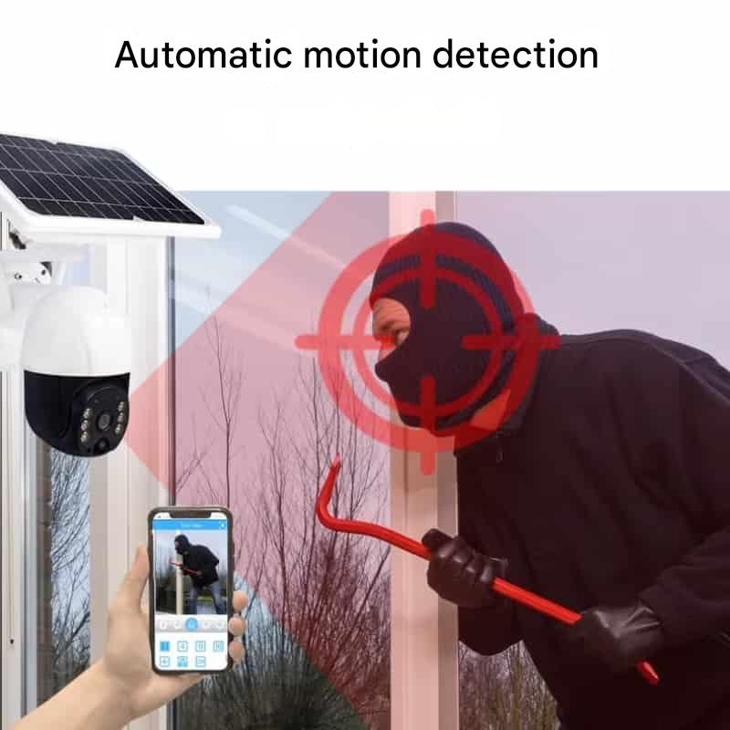 Robuste 4K Outdoor Überwachungskamera mit Solarpanel, Nachtsicht und Smart Home Integration für Sicherheit.