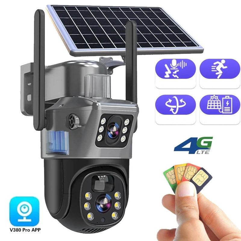 Solarbetriebene 4K WiFi Überwachungskamera zur wetterfesten Außenmontage mit Bewegungserkennung.