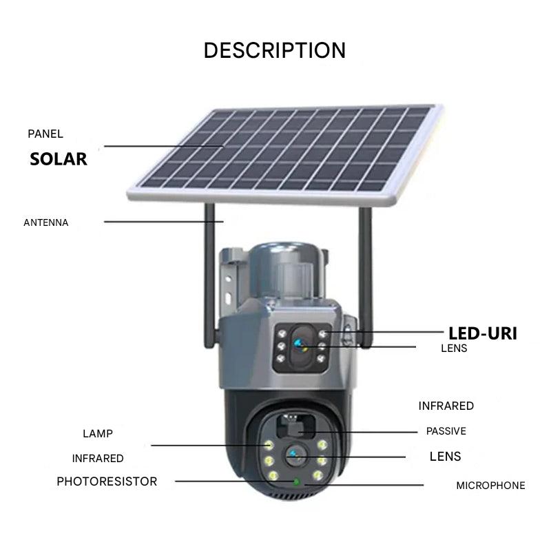 Autarke drahtlose 4K Überwachungskamera mit Solarpanel, ideal für Grundstückschutz und Remote-Zugriff.