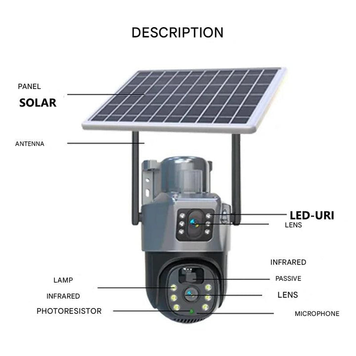 Autarke drahtlose 4K Überwachungskamera mit Solarpanel, ideal für Grundstückschutz und Remote-Zugriff.