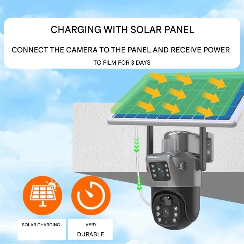 Drahtlose 4K Überwachungskamera mit integriertem Solarpanel für einfache Installation ohne Kabel.