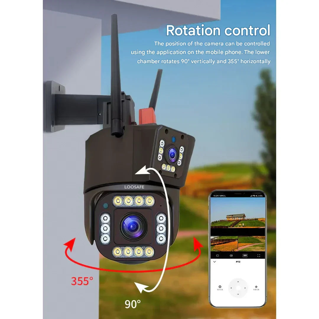 Solarbetriebene 4K Überwachungskamera für Garten, Hof oder Garage, mit WiFi und optional 4G Konnektivität.