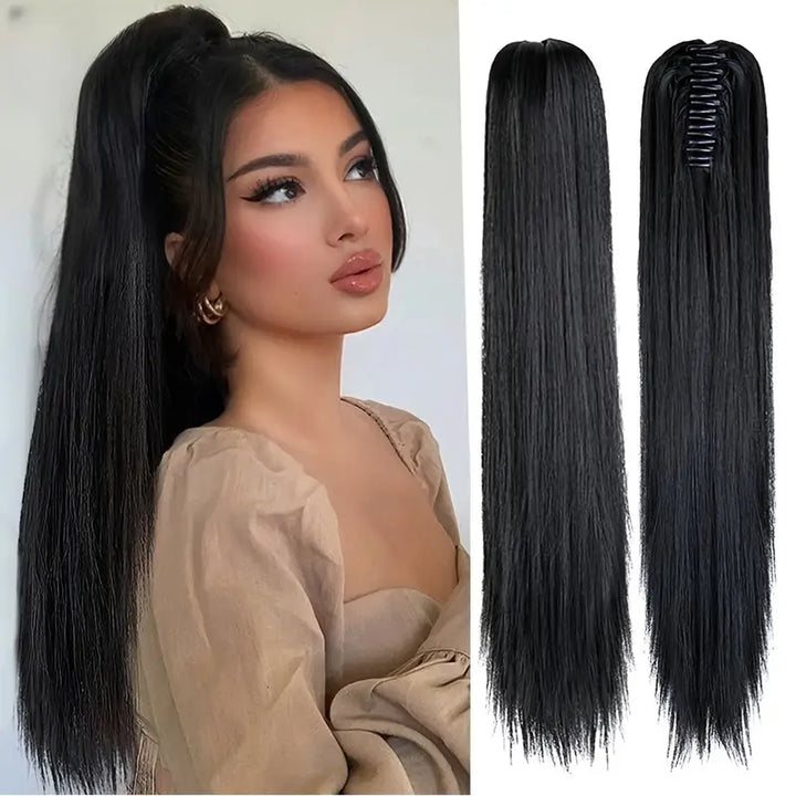 Vielseitiges 55 cm Pferdeschwanz Haarteil in Blond, Braun, Rot. Clip-in für schnelles Damen Styling.