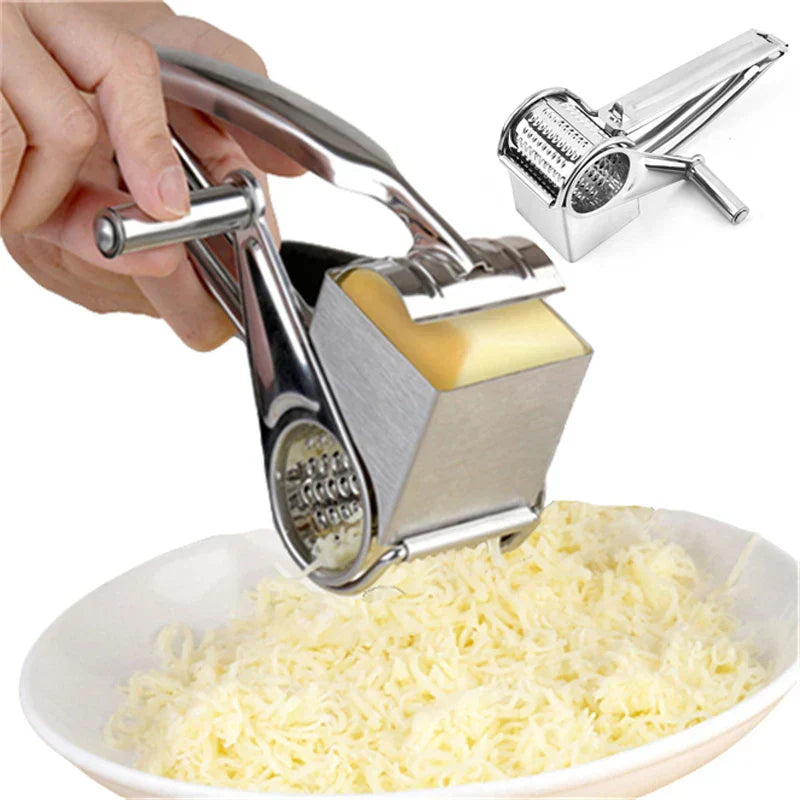 Drehbare Multi-Reibe aus Edelstahl, ein vielseitiger Küchenhelfer zum schnellen Reiben von Käse, Gemüse & Nüssen.