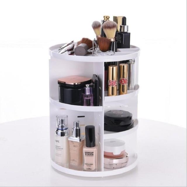 Drehbarer 360° Make-up Organizer aus Kunststoff für Damen, ideal zur Kosmetik Aufbewahrung und Schaffung von Ordnung am Schminktisch.